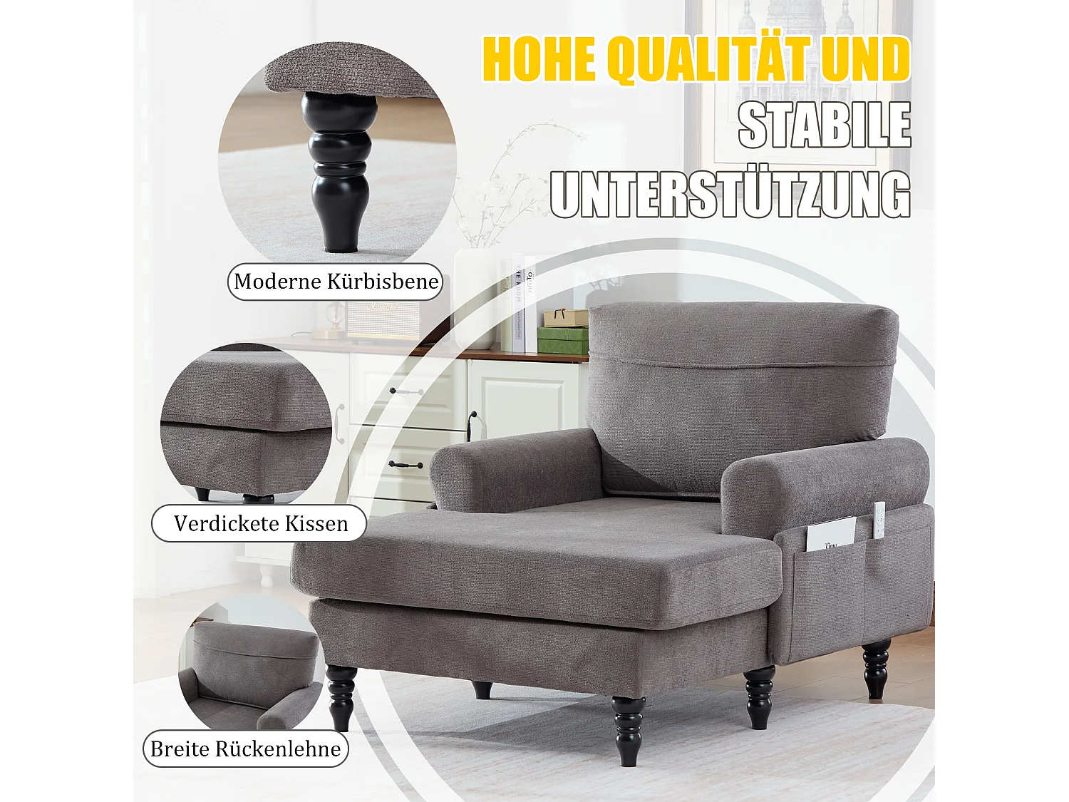 Relaxzetel 1 Zitplaats in Chenille - Omhullende Rugleuning - Extra Diepe Zitting van 100 cm - Structuur tot 250 kg - Ideaal voor de Woonkamer, Kantoor en Balkon - M