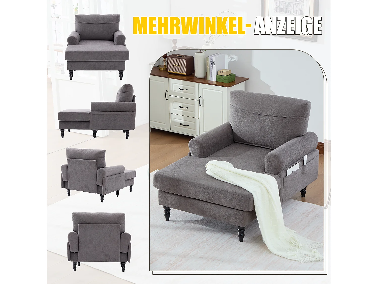 Relaxzetel 1 Zitplaats in Chenille - Omhullende Rugleuning - Extra Diepe Zitting van 100 cm - Structuur tot 250 kg - Ideaal voor de Woonkamer, Kantoor en Balkon - M