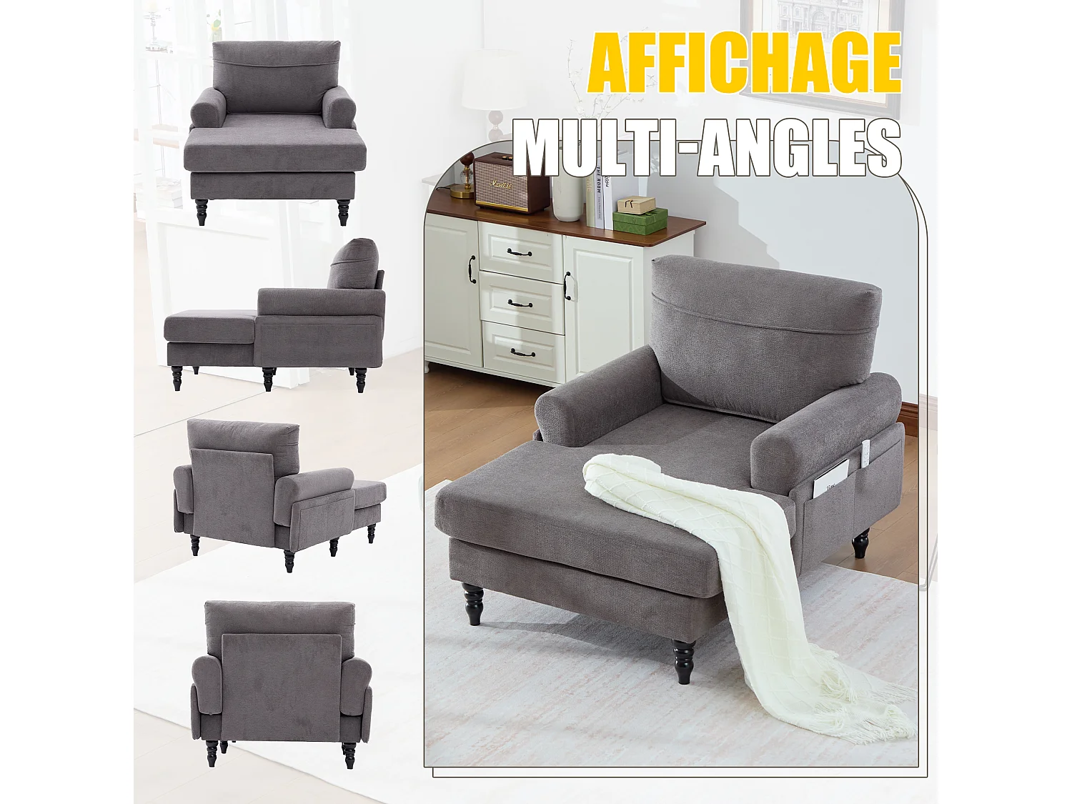 Canapé Relax 1 Place en Chenille - Dossier Enveloppant - Assise Extra-Profonde 100cm - Structure 250kg - Idéal Salon, Bureau et Balcon - Pieds Bois Massif