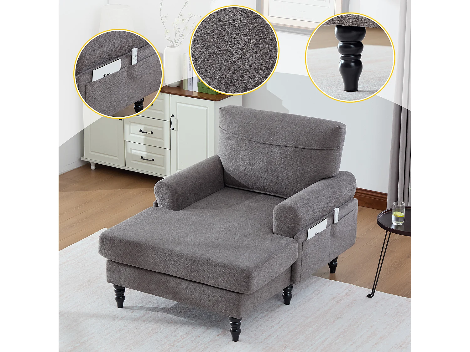 Canapé Relax 1 Place en Chenille - Dossier Enveloppant - Assise Extra-Profonde 100cm - Structure 250kg - Idéal Salon, Bureau et Balcon - Pieds Bois Massif