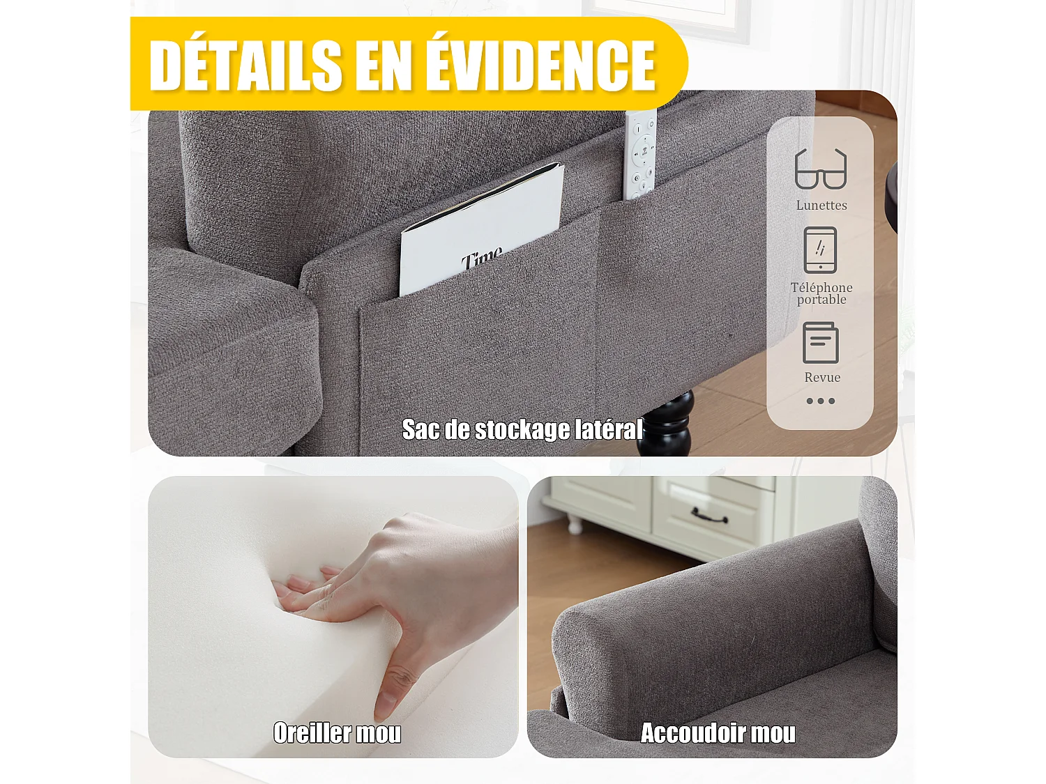 Canapé Relax 1 Place en Chenille - Dossier Enveloppant - Assise Extra-Profonde 100cm - Structure 250kg - Idéal Salon, Bureau et Balcon - Pieds Bois Massif