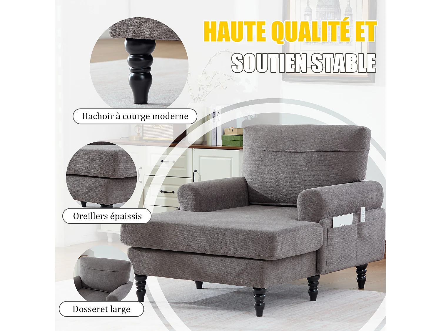 Canapé Relax 1 Place en Chenille - Dossier Enveloppant - Assise Extra-Profonde 100cm - Structure 250kg - Idéal Salon, Bureau et Balcon - Pieds Bois Massif
