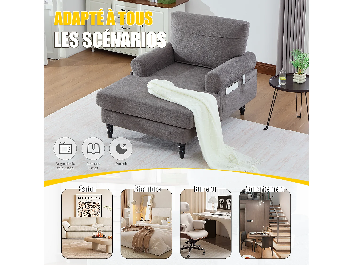 Canapé Relax 1 Place en Chenille - Dossier Enveloppant - Assise Extra-Profonde 100cm - Structure 250kg - Idéal Salon, Bureau et Balcon - Pieds Bois Massif