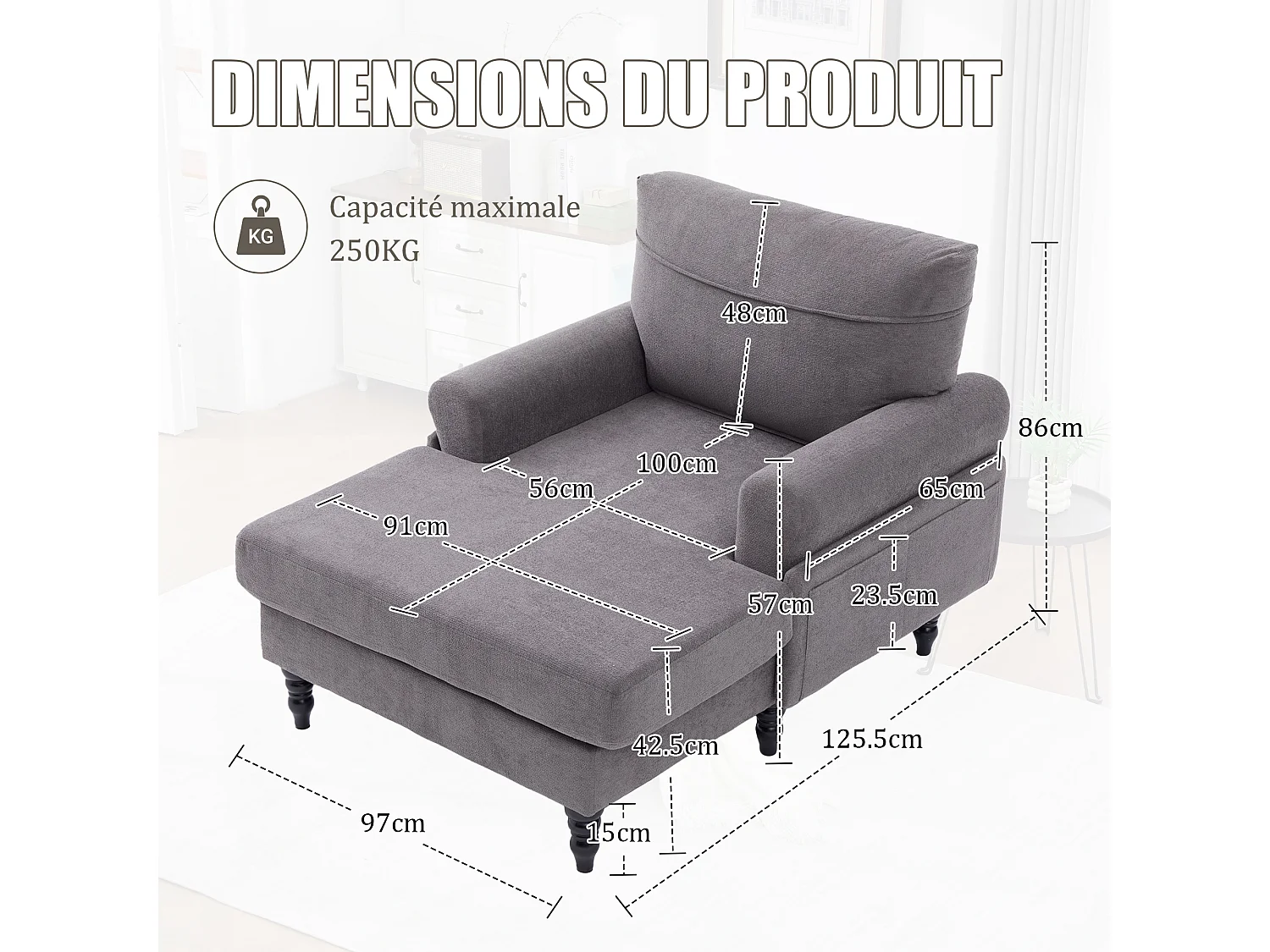 Canapé Relax 1 Place en Chenille - Dossier Enveloppant - Assise Extra-Profonde 100cm - Structure 250kg - Idéal Salon, Bureau et Balcon - Pieds Bois Massif
