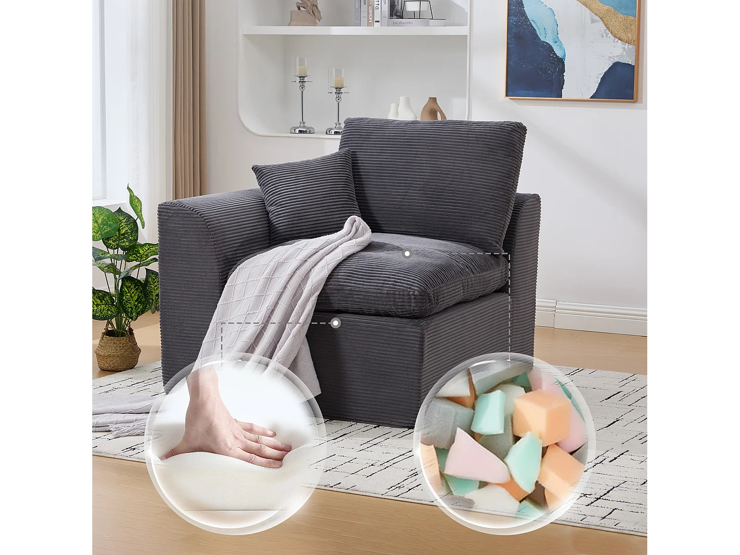 Câlin - Canapé 1 Places Modulable - Canapés d'Appoint en Velours Côtelé - 2 Coussins Ergonomiques Inclus - Ensemble Salon Modulable pour Salle de Séjour