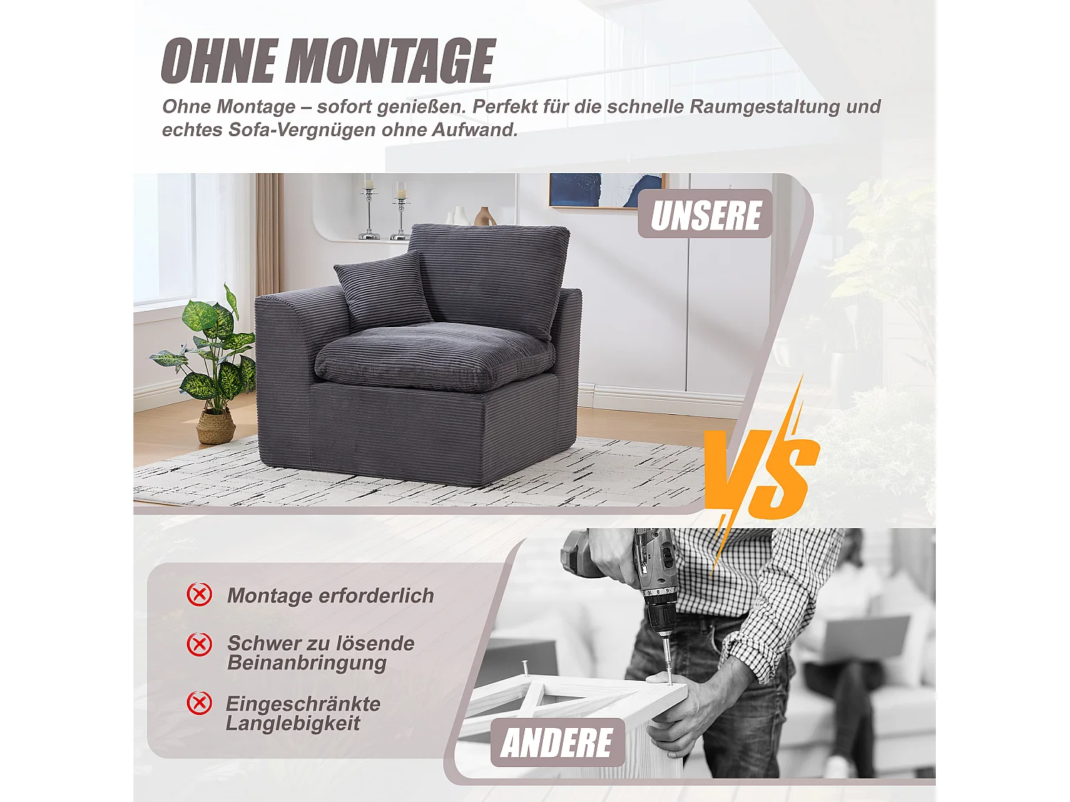 Câlin - Canapé 1 Places Modulable - Canapés d'Appoint en Velours Côtelé - 2 Coussins Ergonomiques Inclus - Ensemble Salon Modulable pour Salle de Séjour