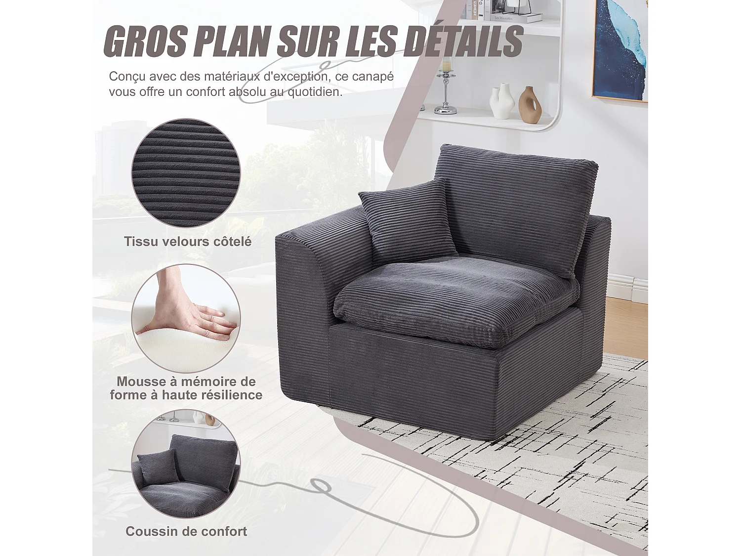 Câlin - Canapé 1 Places Modulable - Canapés d'Appoint en Velours Côtelé - 2 Coussins Ergonomiques Inclus - Ensemble Salon Modulable pour Salle de Séjour