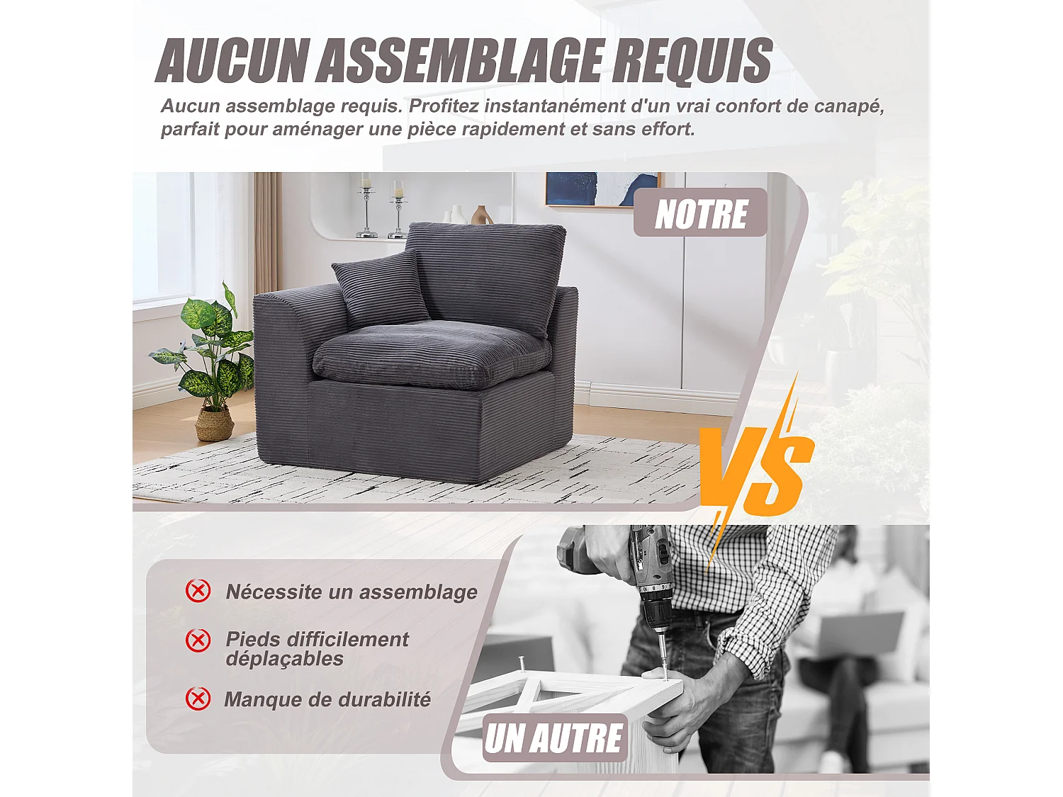 Câlin - Canapé 1 Places Modulable - Canapés d'Appoint en Velours Côtelé - 2 Coussins Ergonomiques Inclus - Ensemble Salon Modulable pour Salle de Séjour