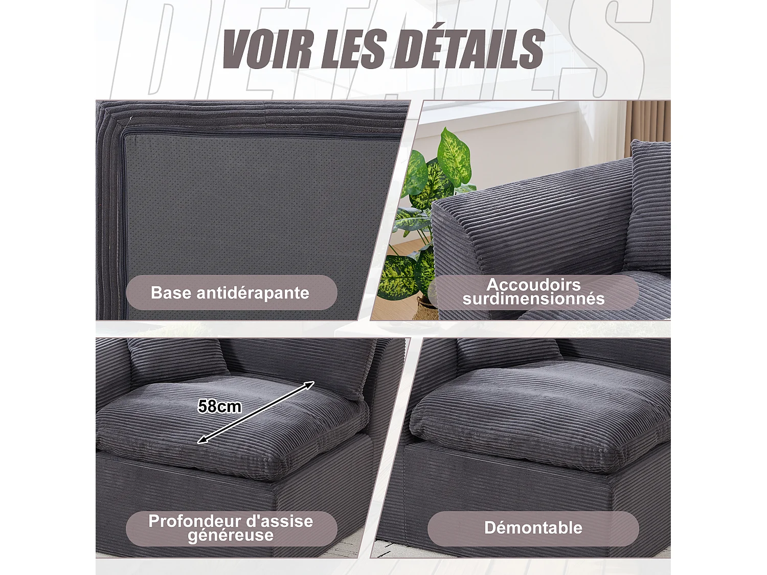 Câlin - Canapé 1 Places Modulable - Canapés d'Appoint en Velours Côtelé - 2 Coussins Ergonomiques Inclus - Ensemble Salon Modulable pour Salle de Séjour