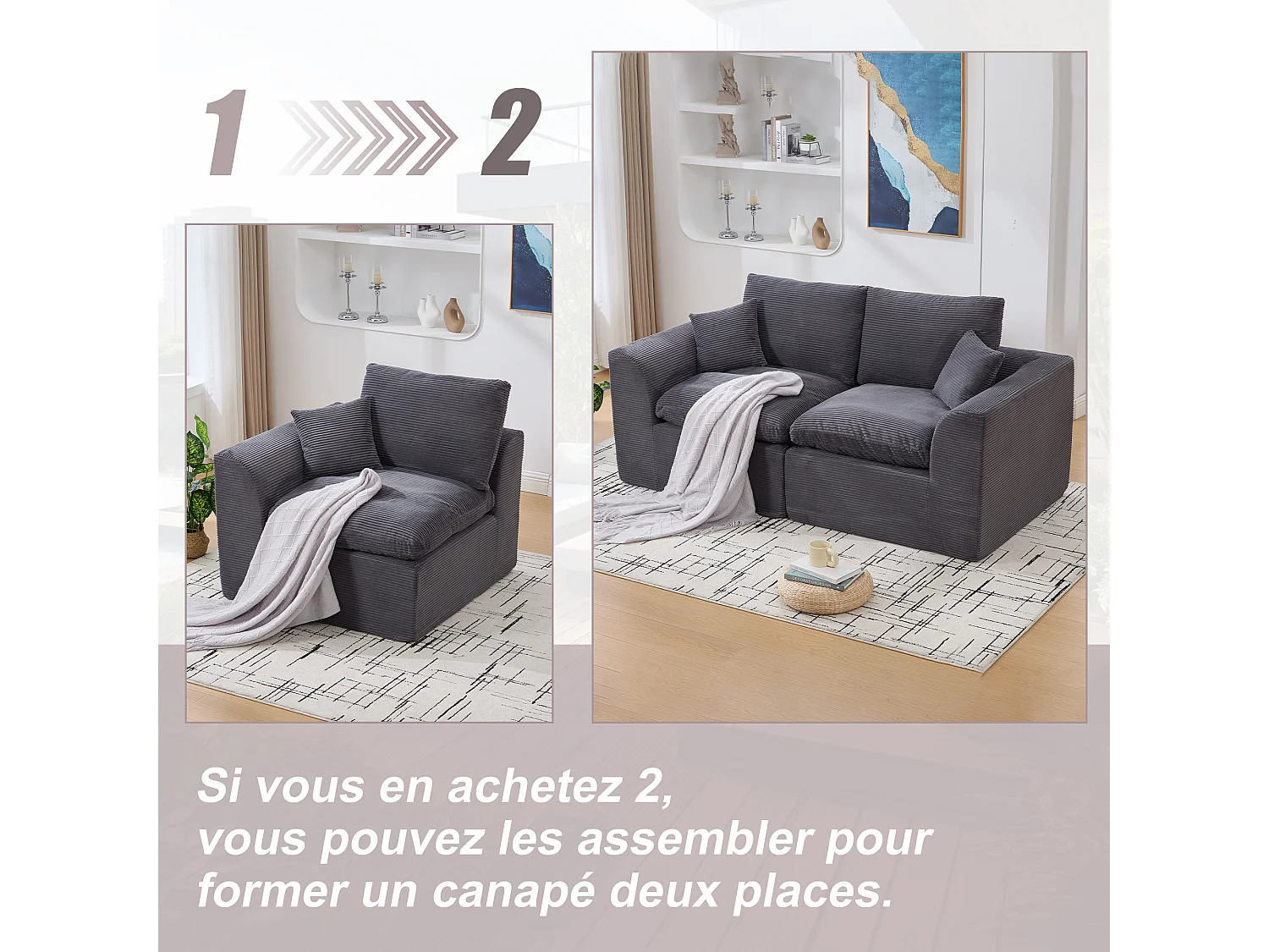 Câlin - Canapé 1 Places Modulable - Canapés d'Appoint en Velours Côtelé - 2 Coussins Ergonomiques Inclus - Ensemble Salon Modulable pour Salle de Séjour