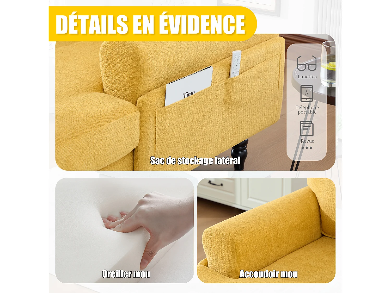 Canapé Relax 1 Place en Chenille - Dossier Enveloppant - Assise Extra-Profonde 100cm - Structure 250kg - Idéal Salon, Bureau et Balcon - Pieds Bois Massif