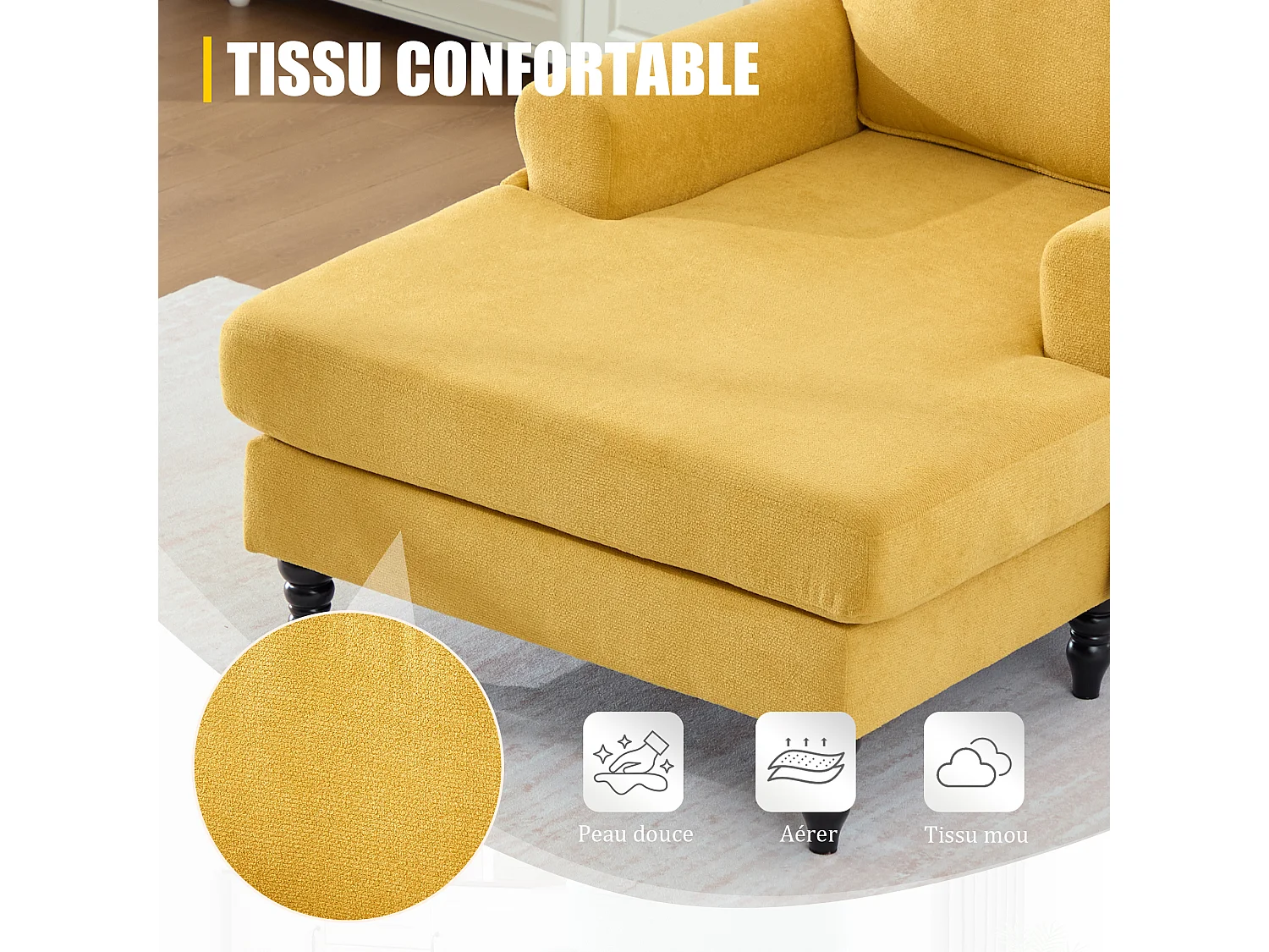 Canapé Relax 1 Place en Chenille - Dossier Enveloppant - Assise Extra-Profonde 100cm - Structure 250kg - Idéal Salon, Bureau et Balcon - Pieds Bois Massif