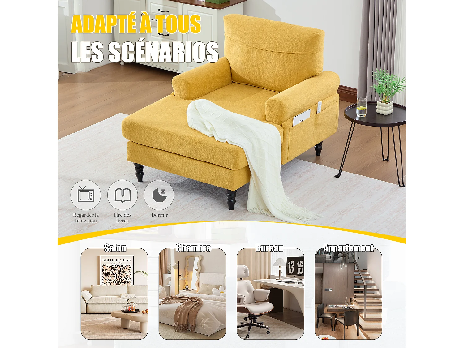 Canapé Relax 1 Place en Chenille - Dossier Enveloppant - Assise Extra-Profonde 100cm - Structure 250kg - Idéal Salon, Bureau et Balcon - Pieds Bois Massif