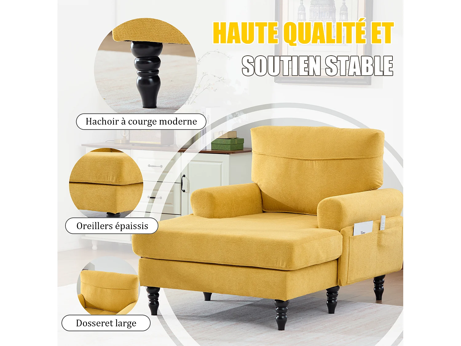 Canapé Relax 1 Place en Chenille - Dossier Enveloppant - Assise Extra-Profonde 100cm - Structure 250kg - Idéal Salon, Bureau et Balcon - Pieds Bois Massif