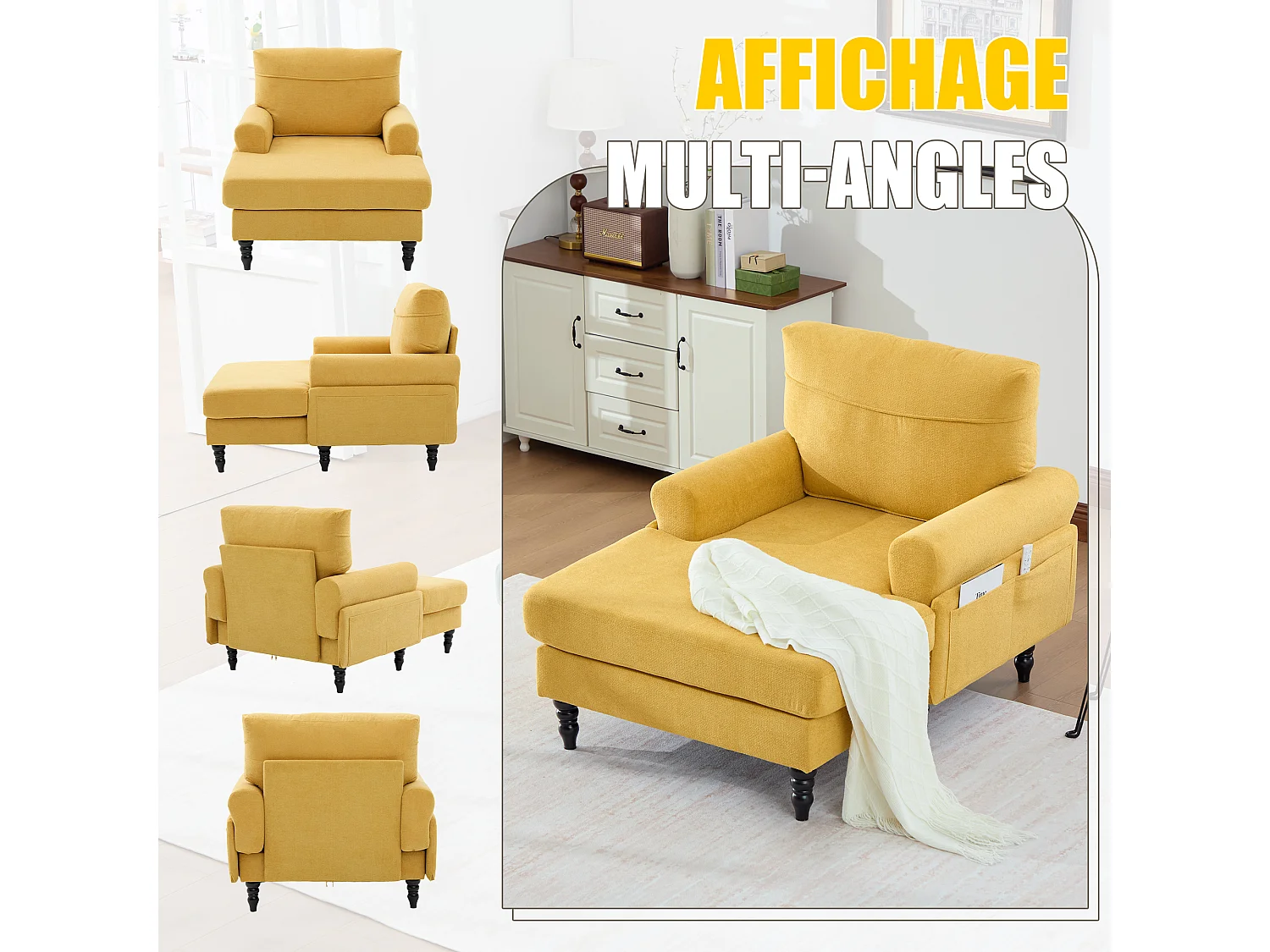 Canapé Relax 1 Place en Chenille - Dossier Enveloppant - Assise Extra-Profonde 100cm - Structure 250kg - Idéal Salon, Bureau et Balcon - Pieds Bois Massif