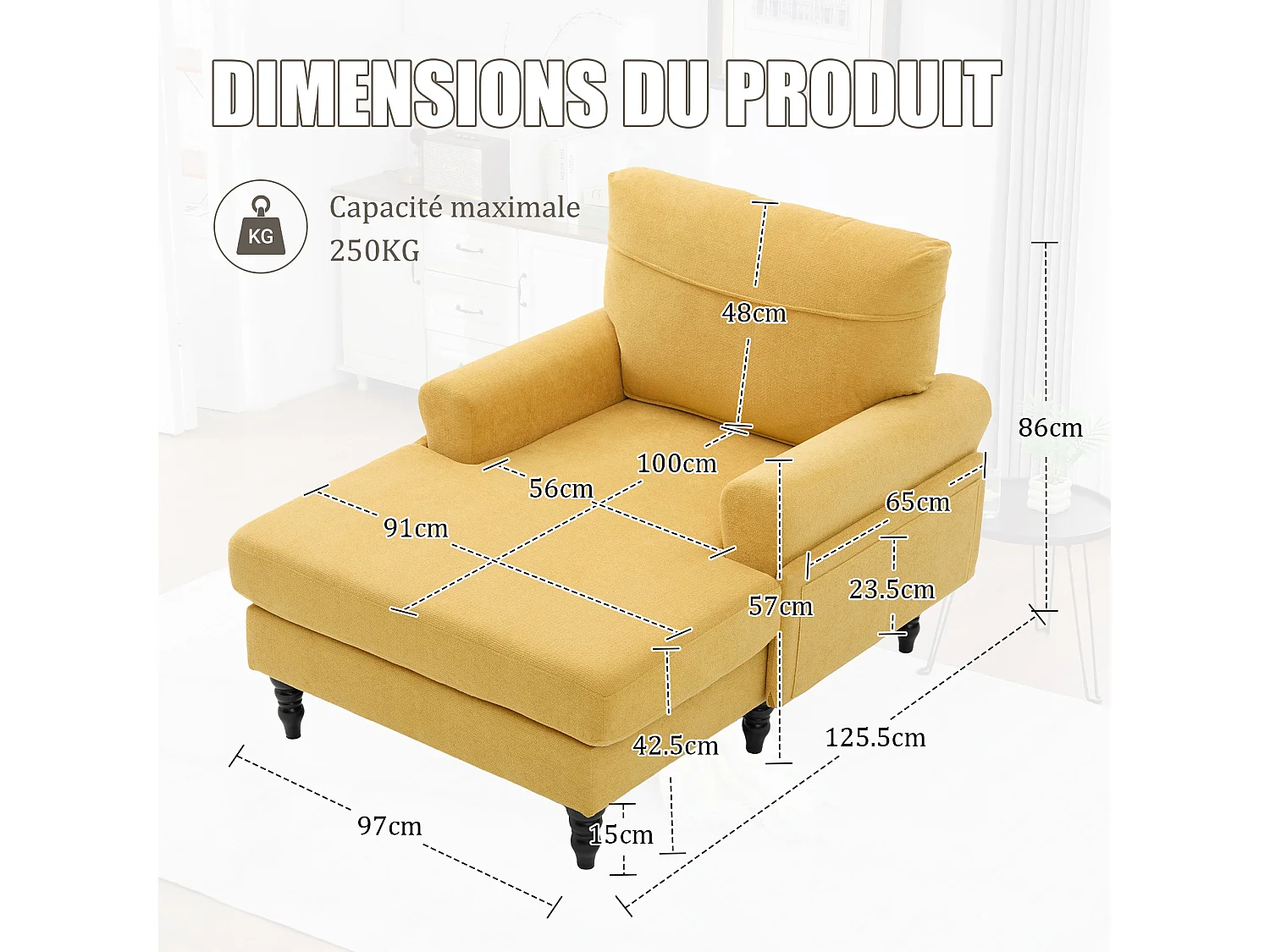 Canapé Relax 1 Place en Chenille - Dossier Enveloppant - Assise Extra-Profonde 100cm - Structure 250kg - Idéal Salon, Bureau et Balcon - Pieds Bois Massif