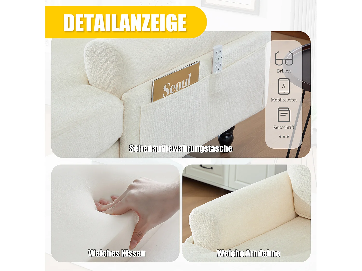 Canapé Relax 1 Place en Chenille - Dossier Enveloppant - Assise Extra-Profonde 100cm - Structure 250kg - Idéal Salon, Bureau et Balcon - Pieds Bois Massif