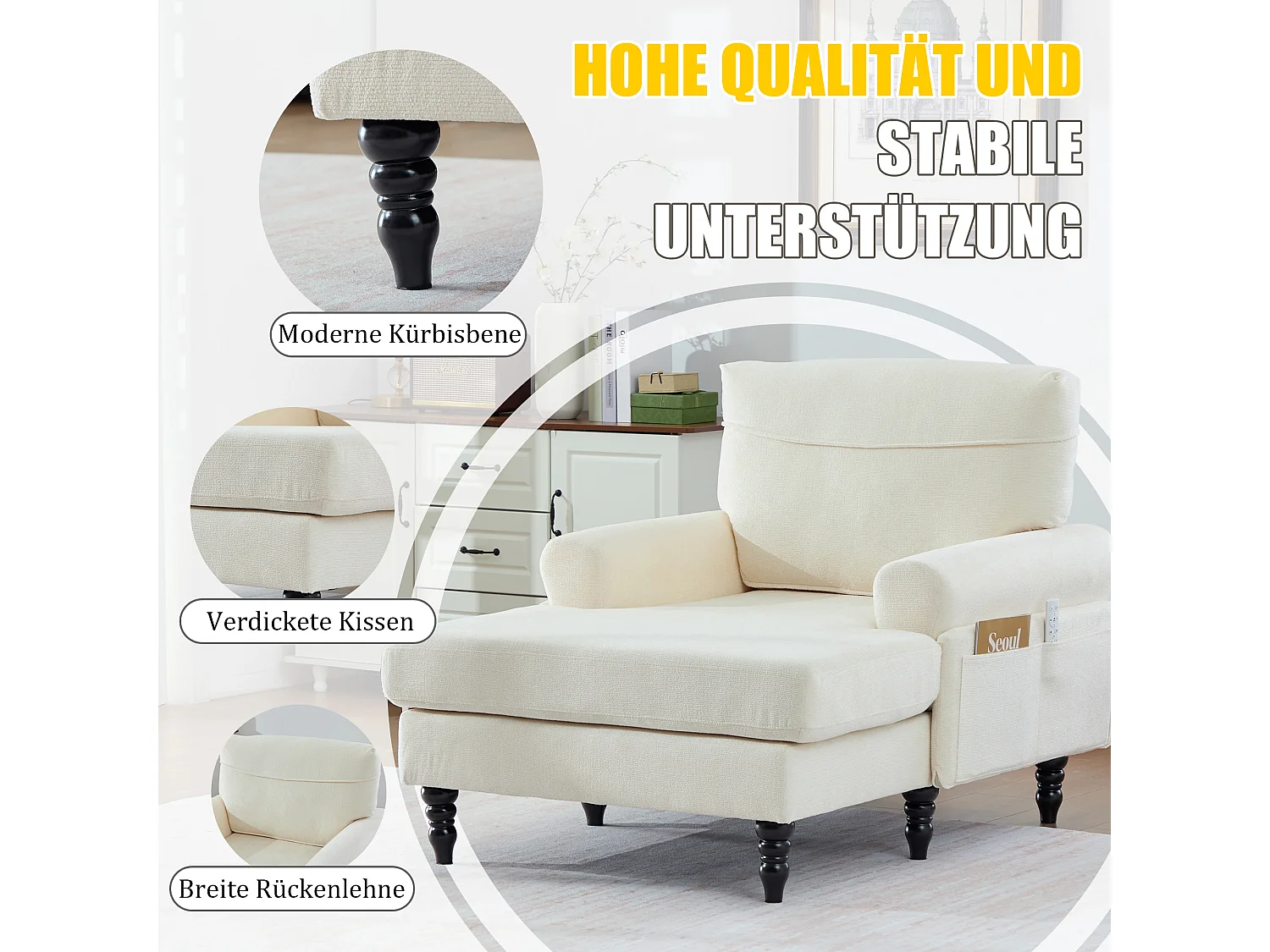 Canapé Relax 1 Place en Chenille - Dossier Enveloppant - Assise Extra-Profonde 100cm - Structure 250kg - Idéal Salon, Bureau et Balcon - Pieds Bois Massif