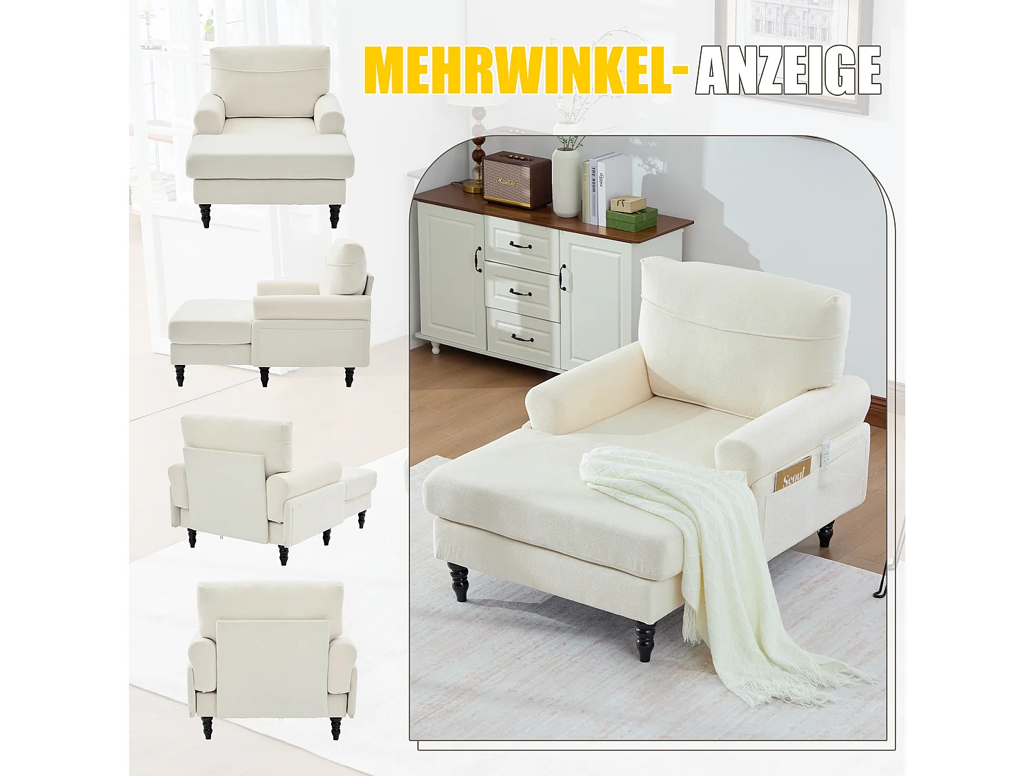 Canapé Relax 1 Place en Chenille - Dossier Enveloppant - Assise Extra-Profonde 100cm - Structure 250kg - Idéal Salon, Bureau et Balcon - Pieds Bois Massif