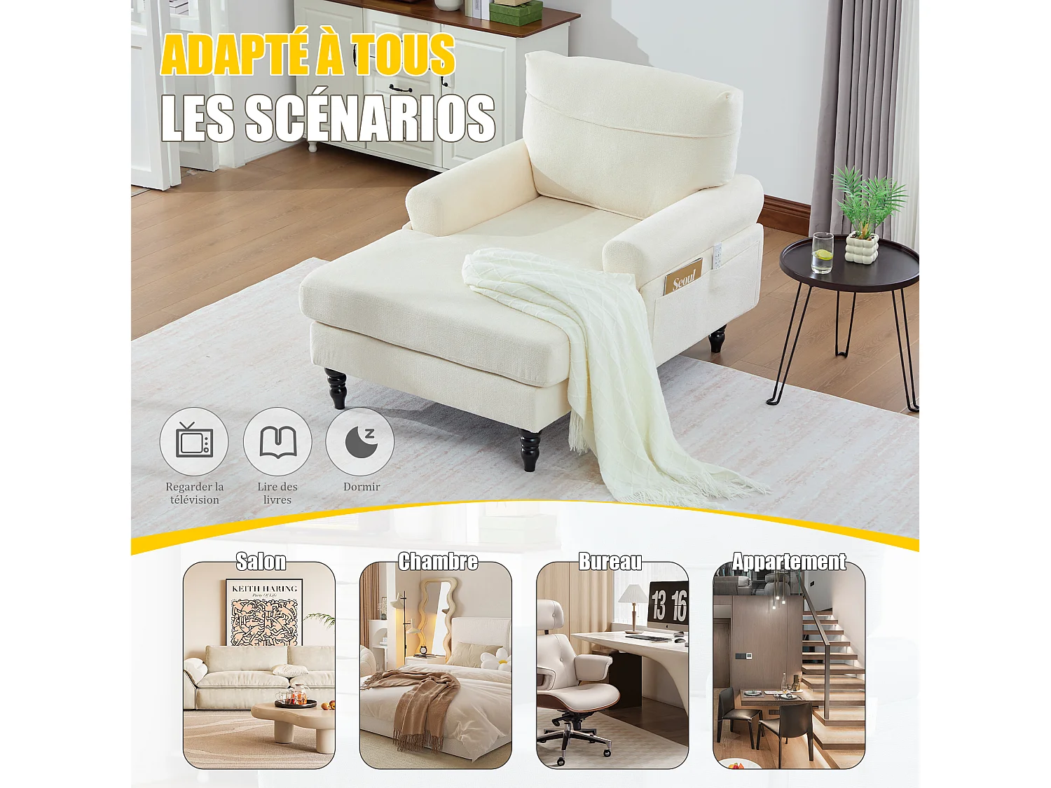 Canapé Relax 1 Place en Chenille - Dossier Enveloppant - Assise Extra-Profonde 100cm - Structure 250kg - Idéal Salon, Bureau et Balcon - Pieds Bois Massif