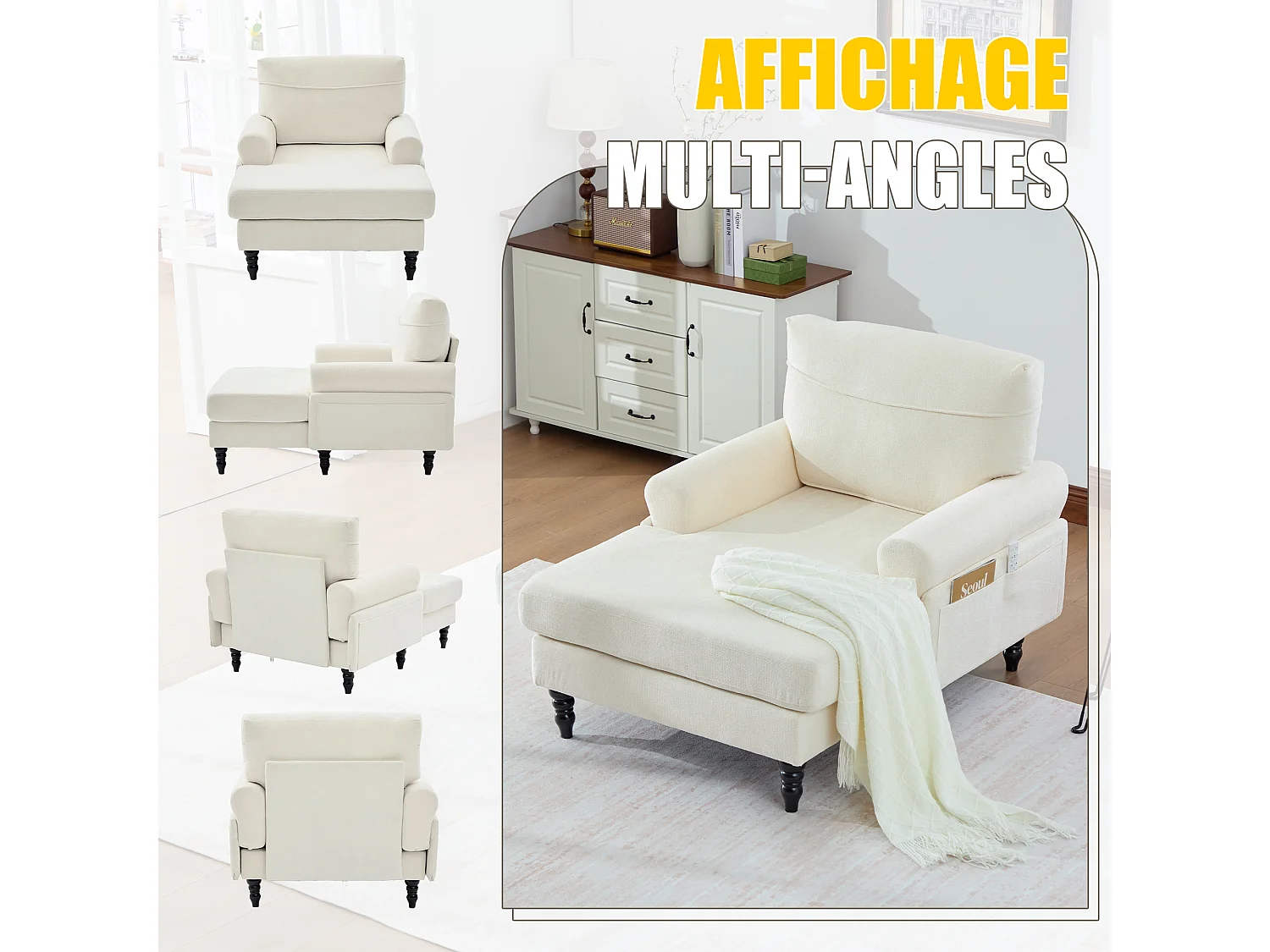 Canapé Relax 1 Place en Chenille - Dossier Enveloppant - Assise Extra-Profonde 100cm - Structure 250kg - Idéal Salon, Bureau et Balcon - Pieds Bois Massif