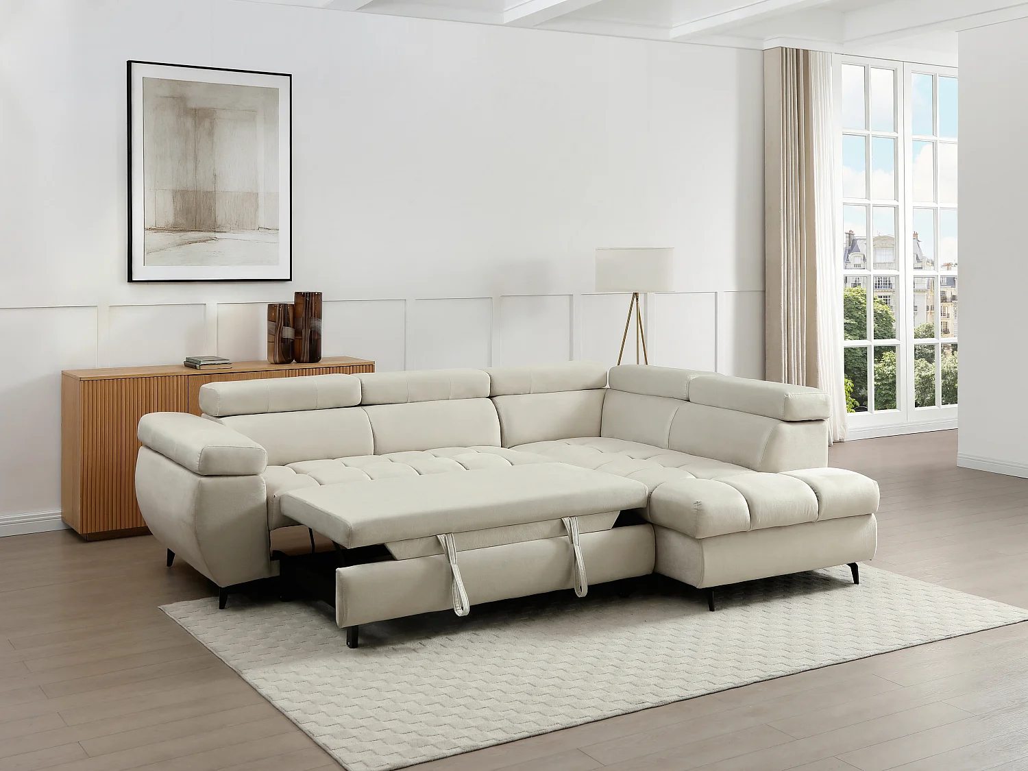 Canapé d'angle droit convertible en velours beige NIACATO