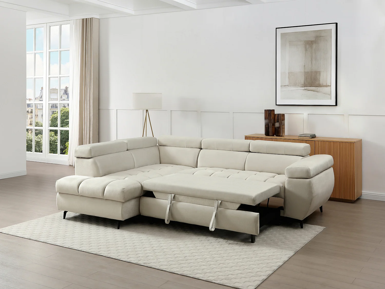 Canapé d'angle gauche convertible en velours beige NIACATO