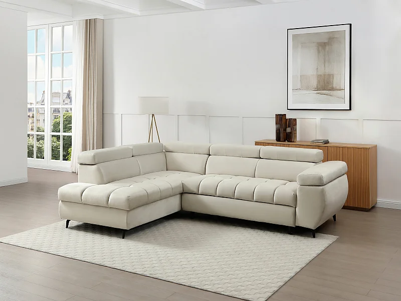 Canapé d'angle gauche convertible en velours beige NIACATO