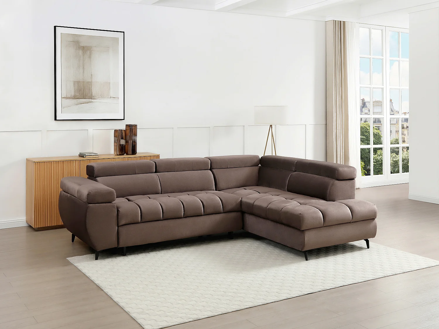 Canapé d'angle droit convertible en velours taupe NIACATO