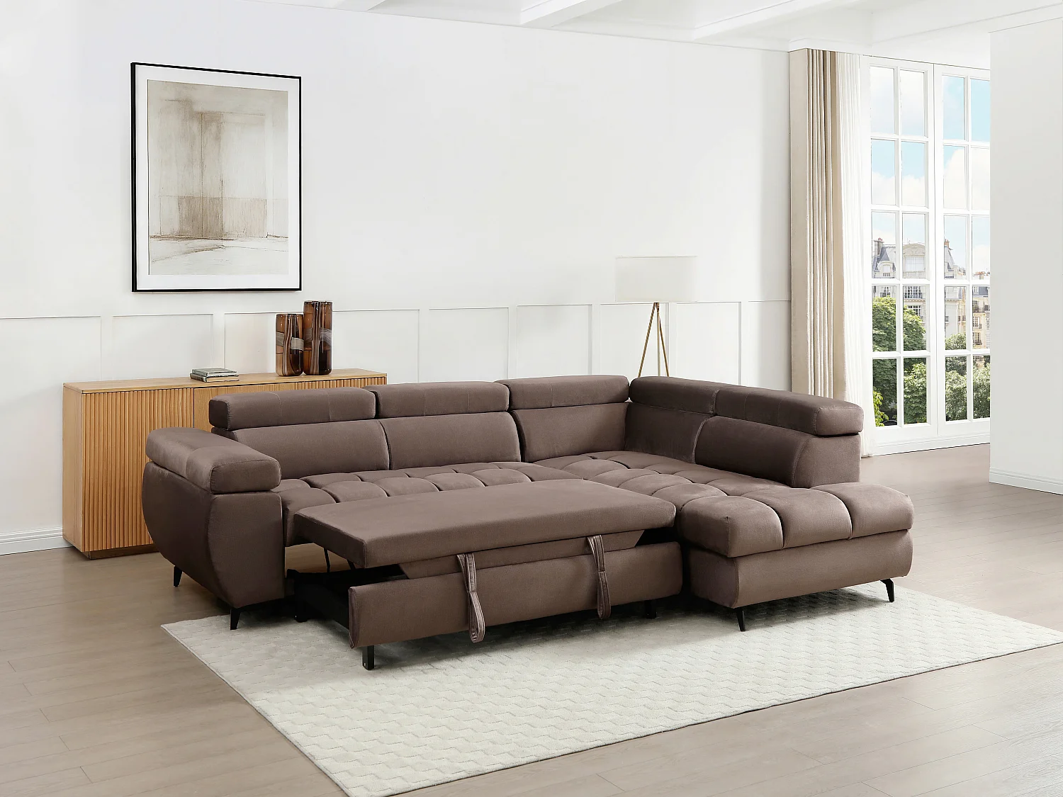 Canapé d'angle droit convertible en velours taupe NIACATO