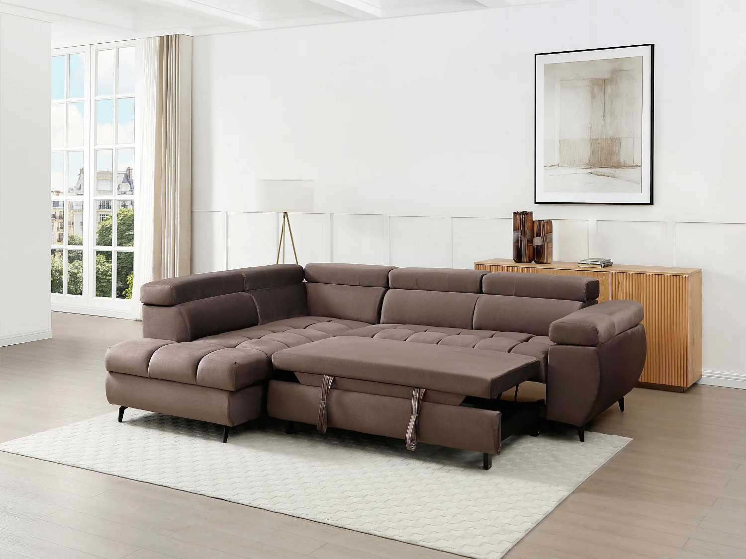 Canapé d'angle gauche convertible en velours taupe NIACATO