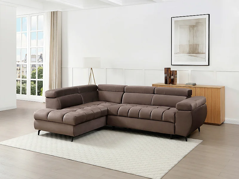 Canapé d'angle gauche convertible en velours taupe NIACATO