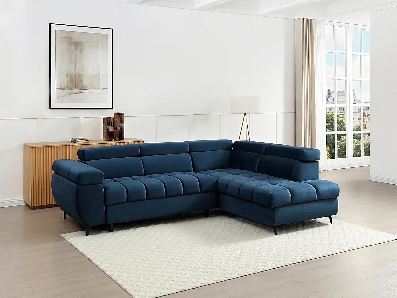 Canapé d'angle droit convertible en velours bleu NIACATO