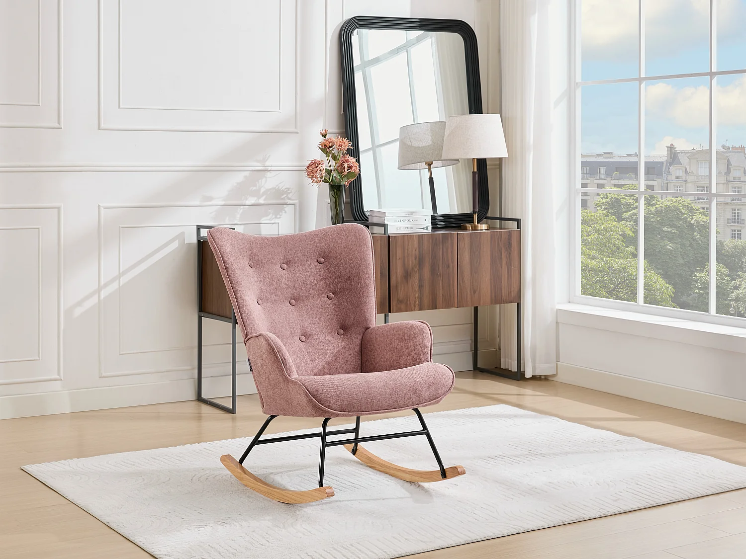 Fauteuil à bascule en tissu chiné rose ELMINA