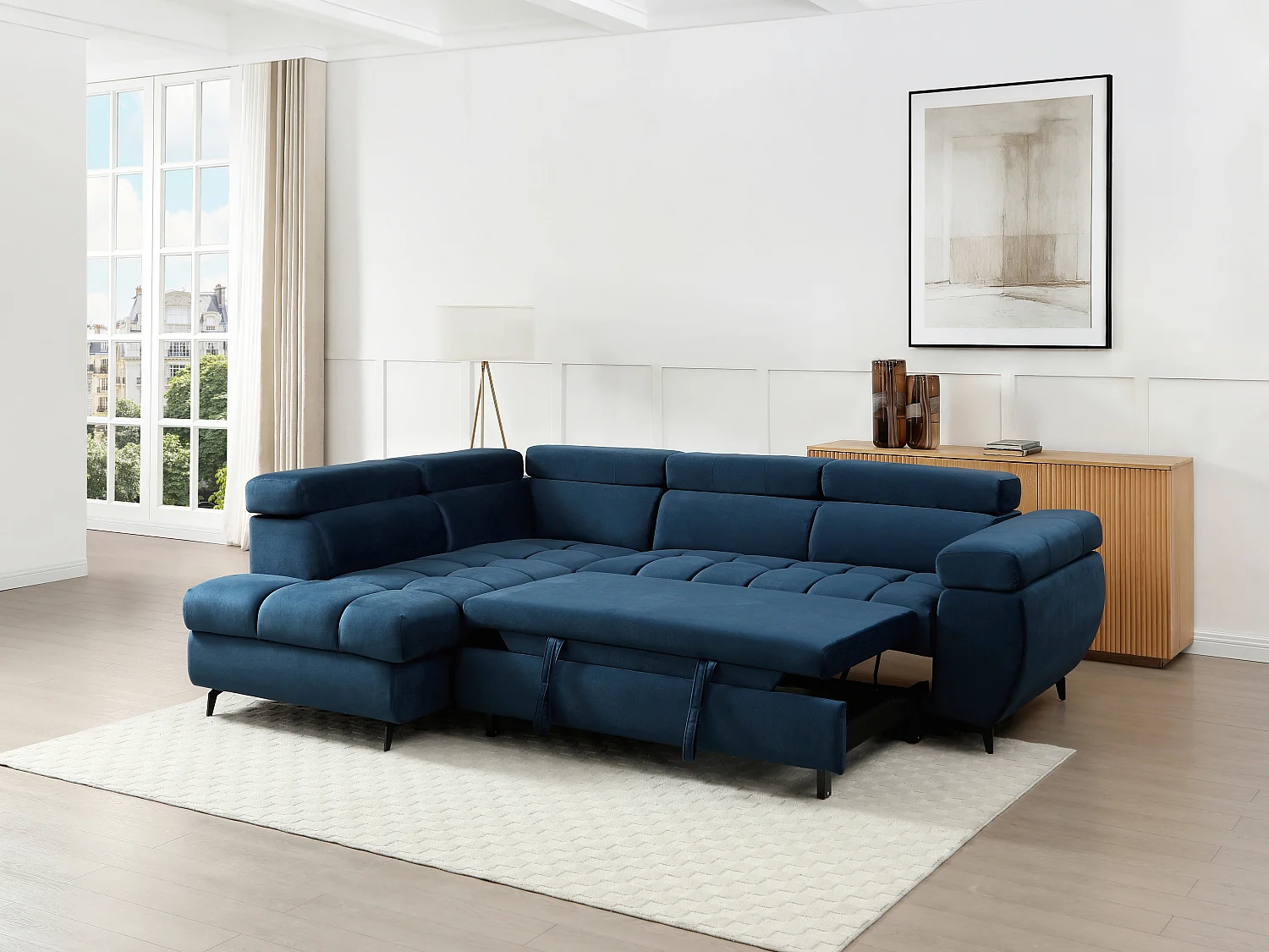 Canapé d'angle gauche convertible en velours bleu NIACATO