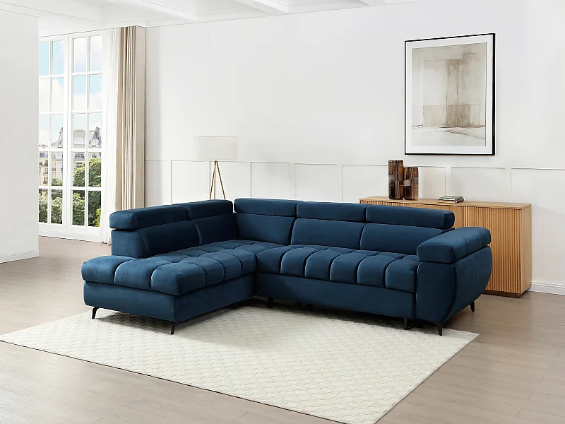 Canapé d'angle gauche convertible en velours bleu NIACATO