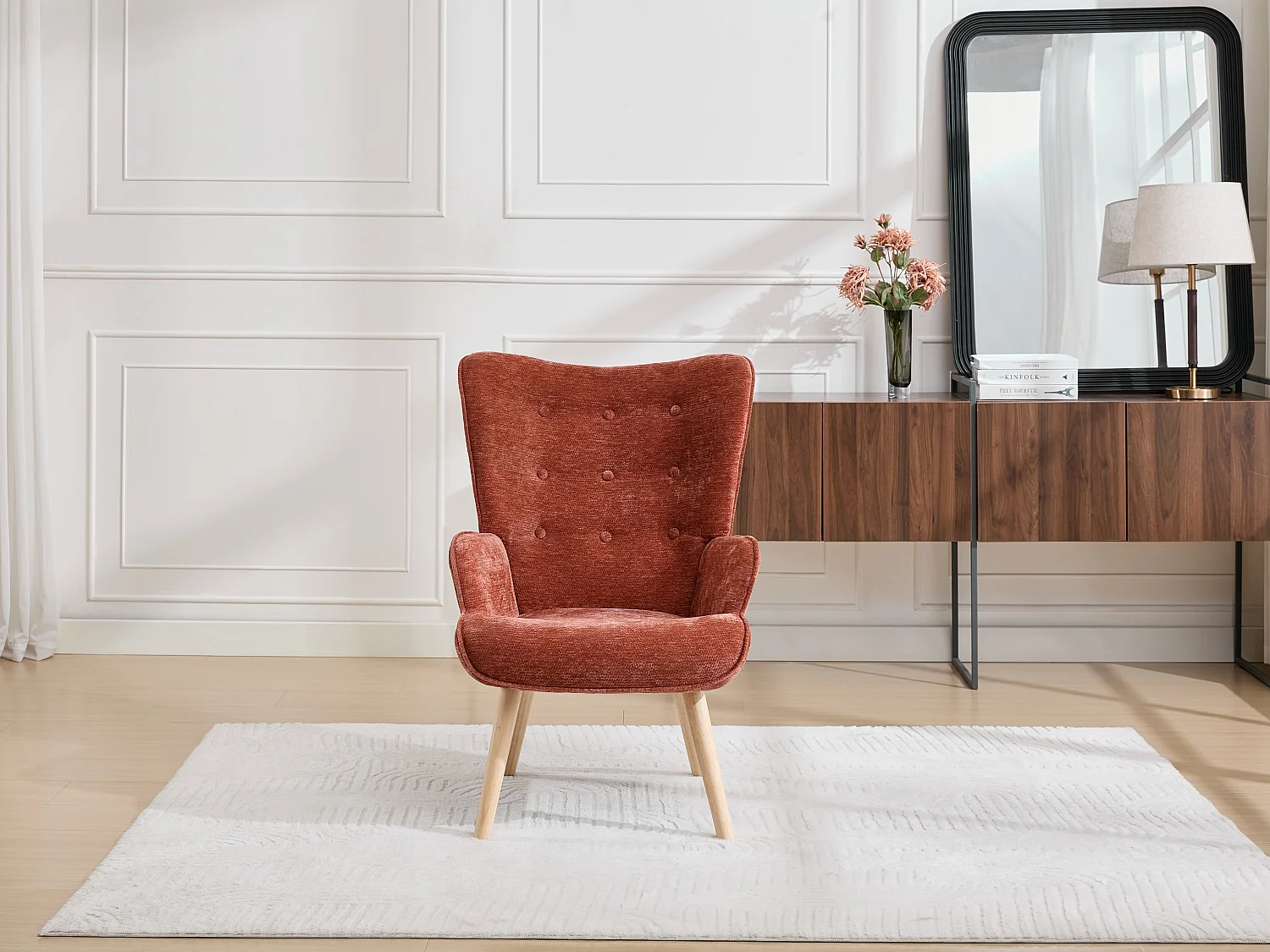 Fauteuil en tissu texturé terracotta VATELY