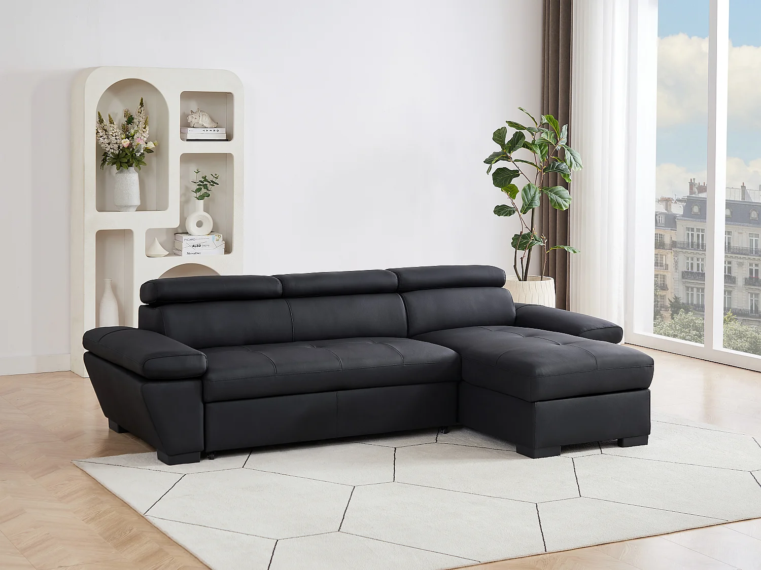 Canapé d'angle droit convertible en cuir noir JONOVA