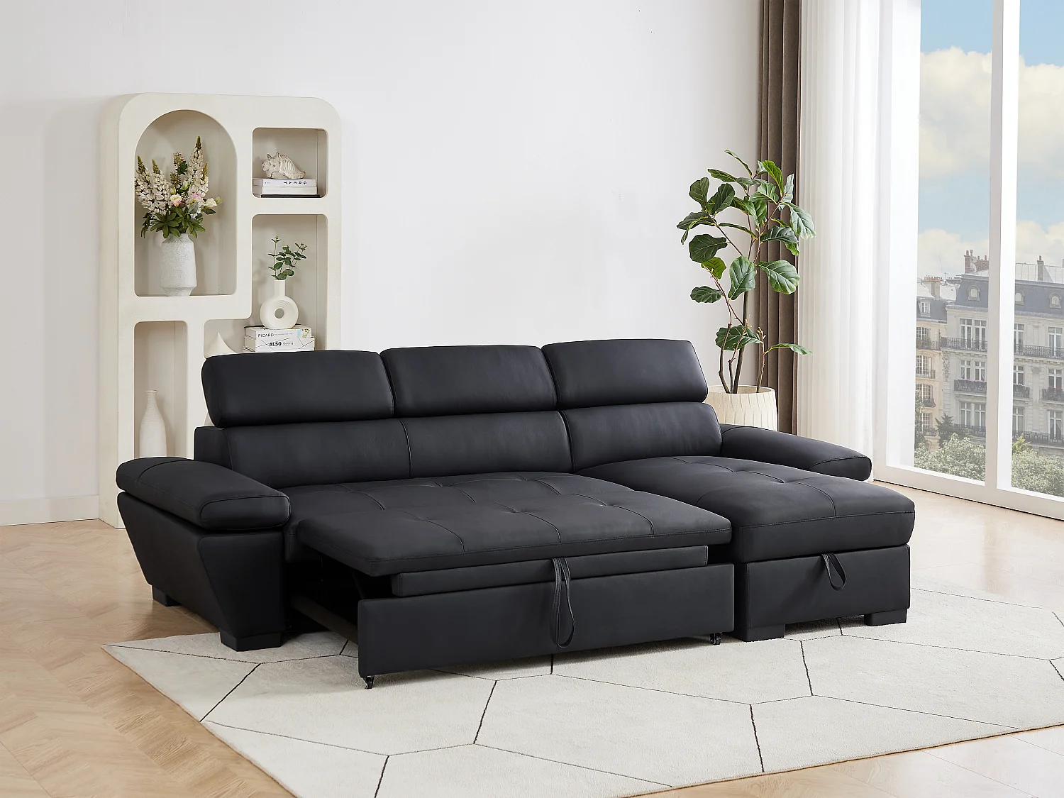 Canapé d'angle droit convertible en cuir noir JONOVA