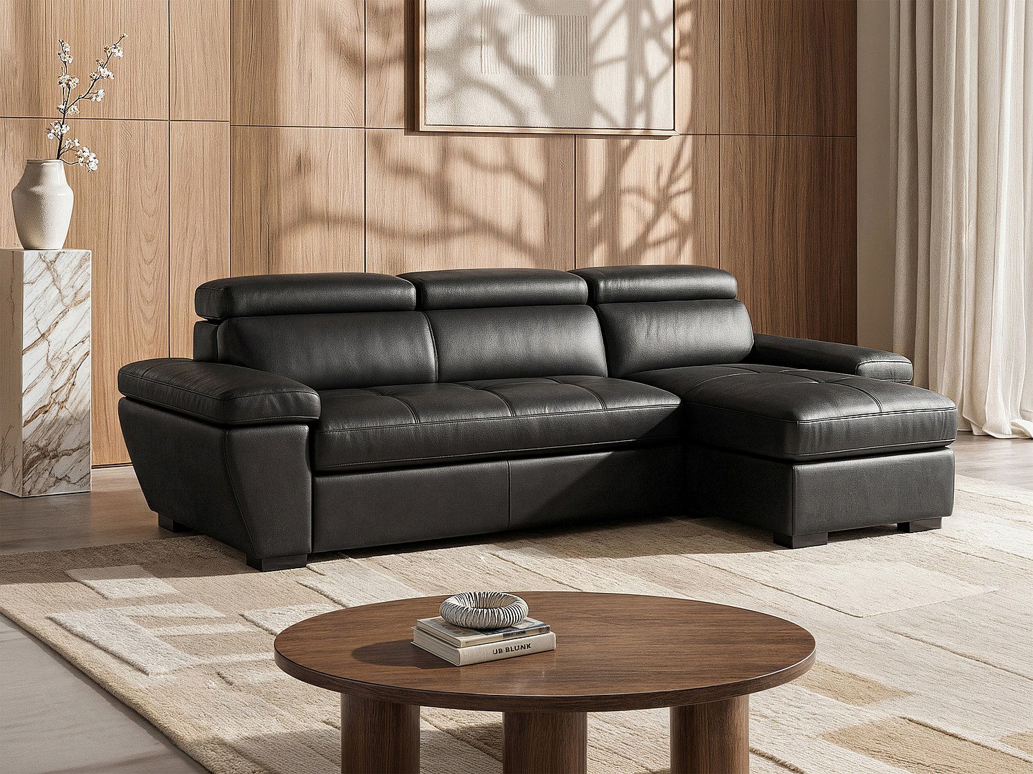Canapé d'angle droit convertible en cuir noir JONOVA