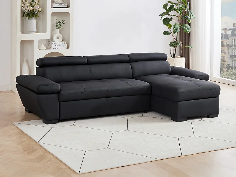 Canapé d'angle droit convertible en cuir noir JONOVA