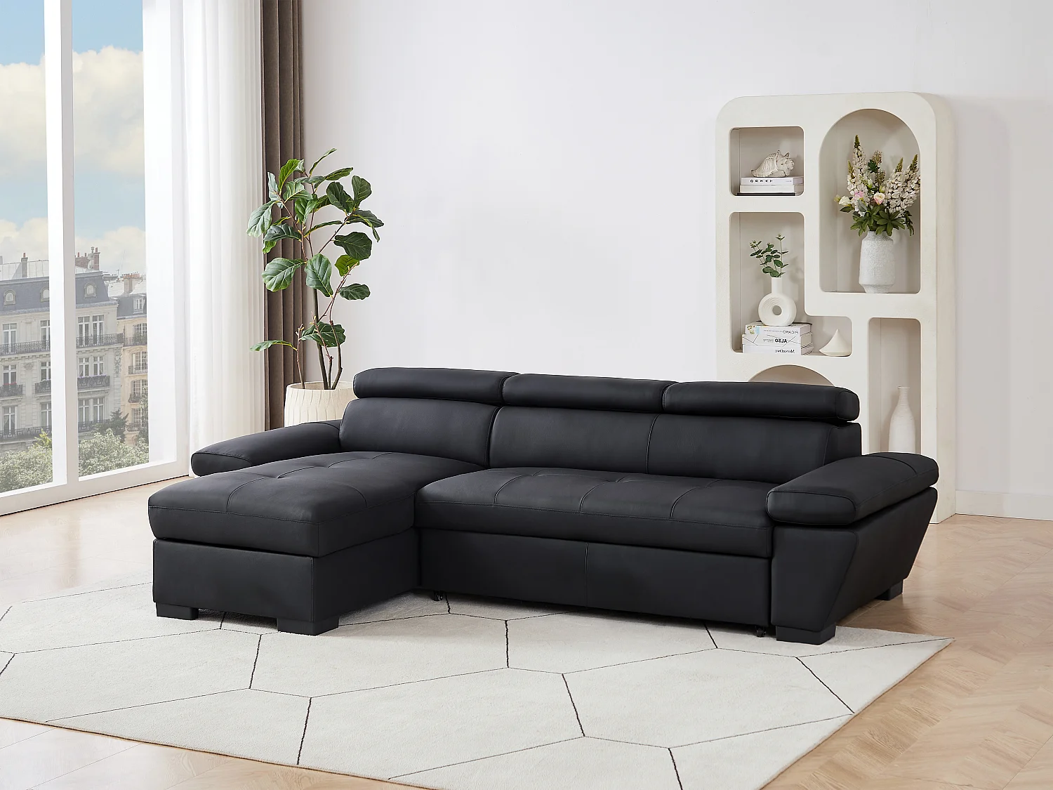Canapé d'angle gauche convertible en cuir noir JONOVA