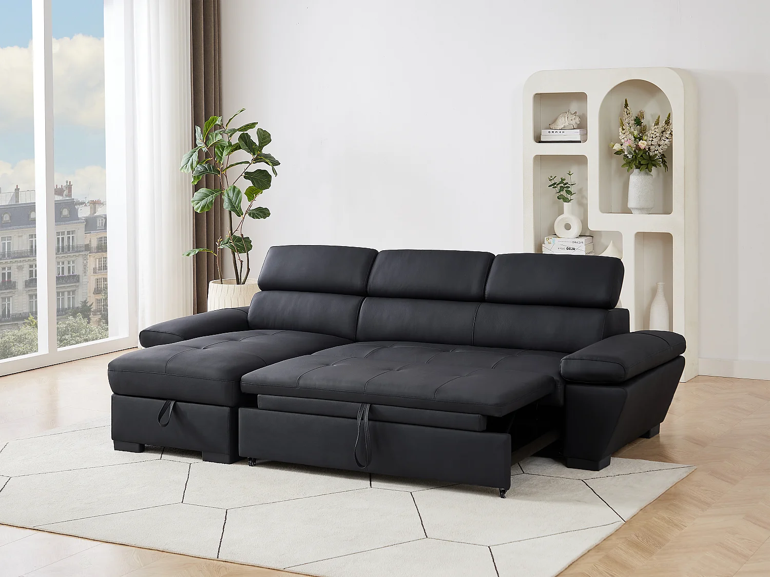 Canapé d'angle gauche convertible en cuir noir JONOVA