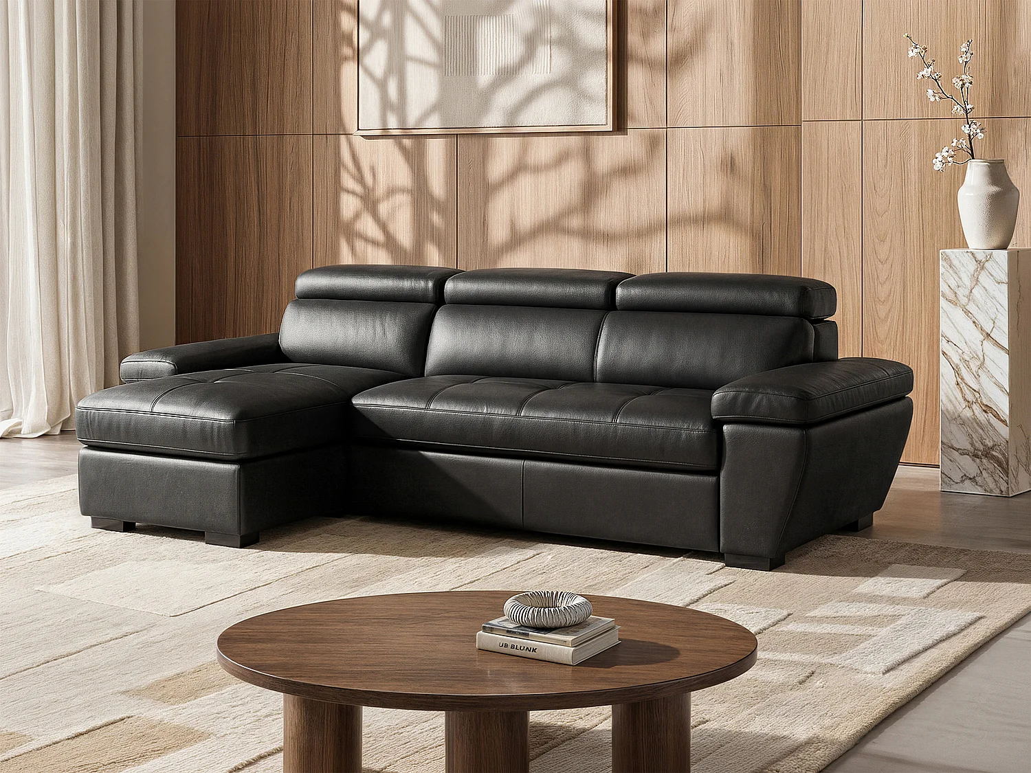 Left-hand corner sofa bed in black leather JONOVA