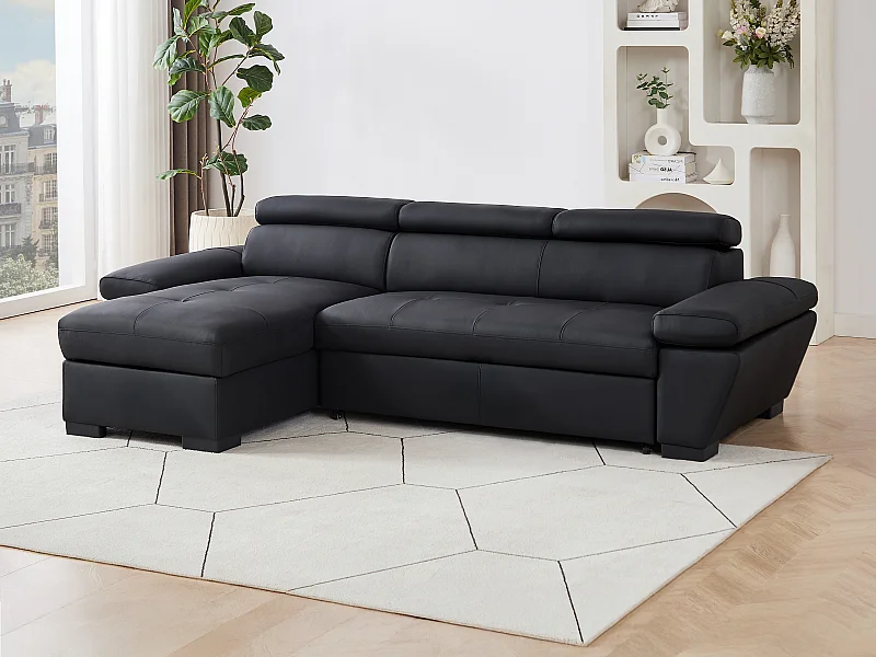 Canapé d'angle gauche convertible en cuir noir JONOVA