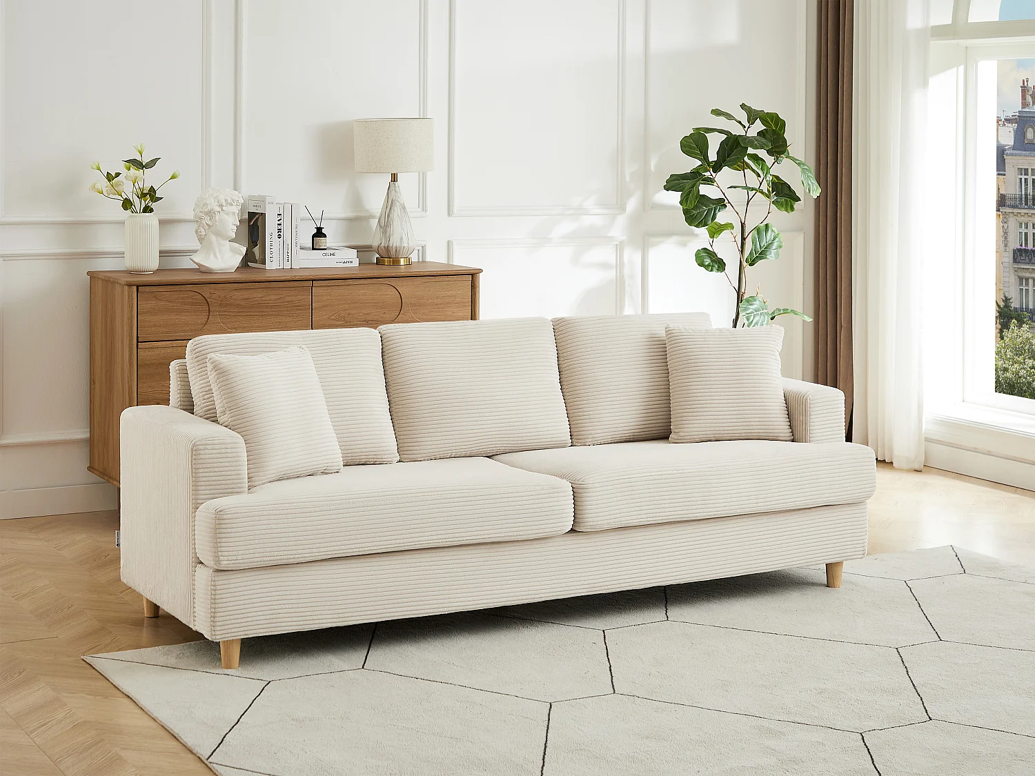 Canapé 3 places en velours côtelé beige YOCABA