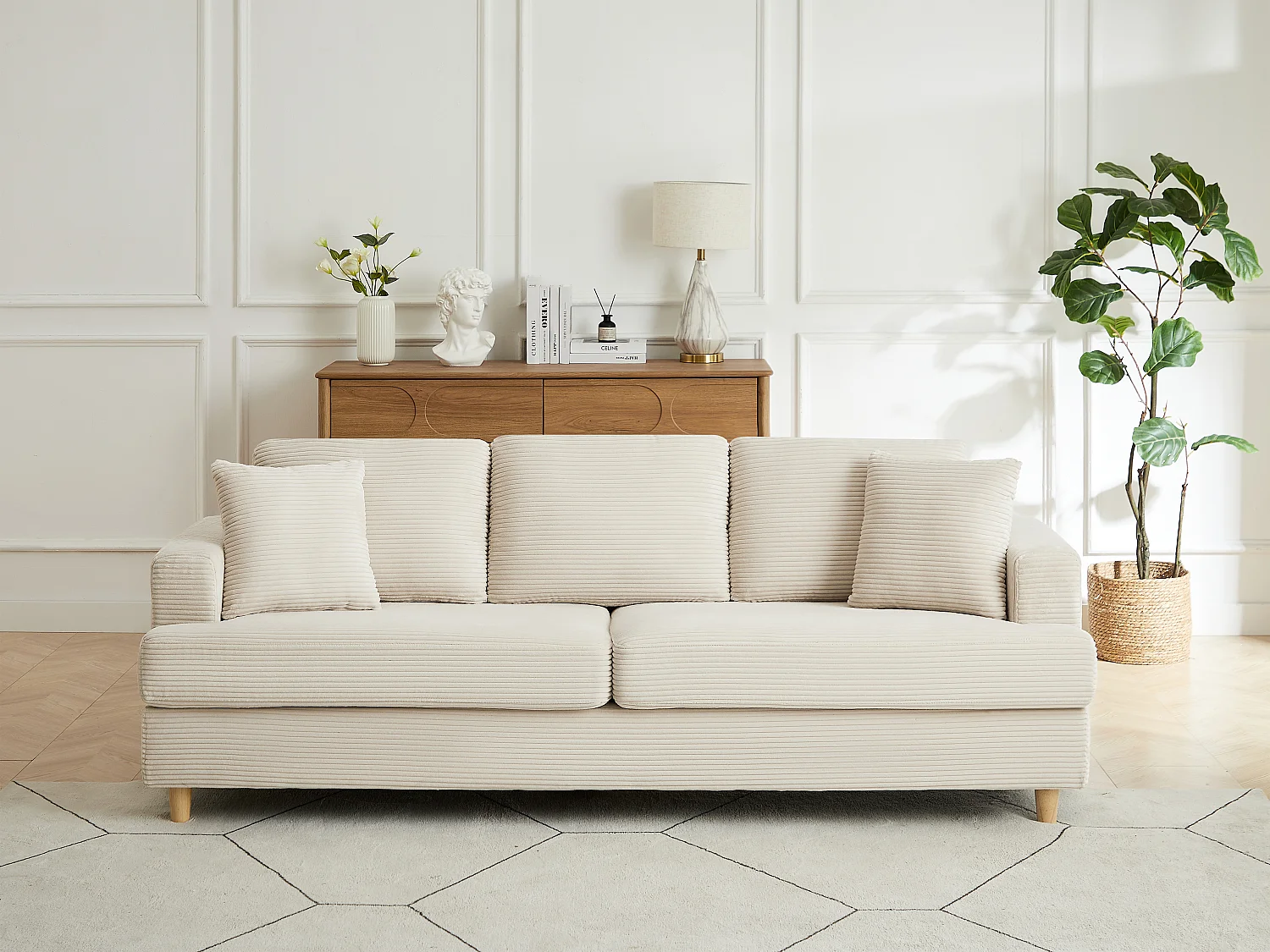 Canapé 3 places en velours côtelé beige YOCABA