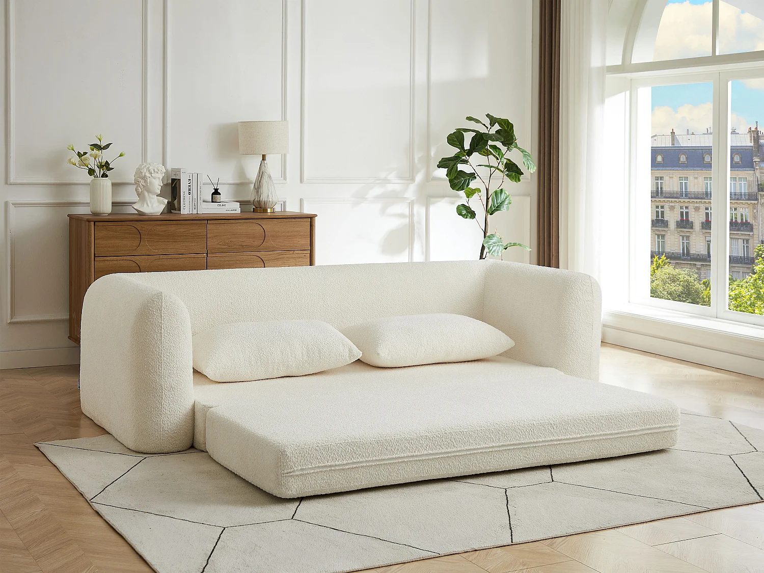 Canapé 3 places convertible chauffeuse en tissu bouclette beige CATONO