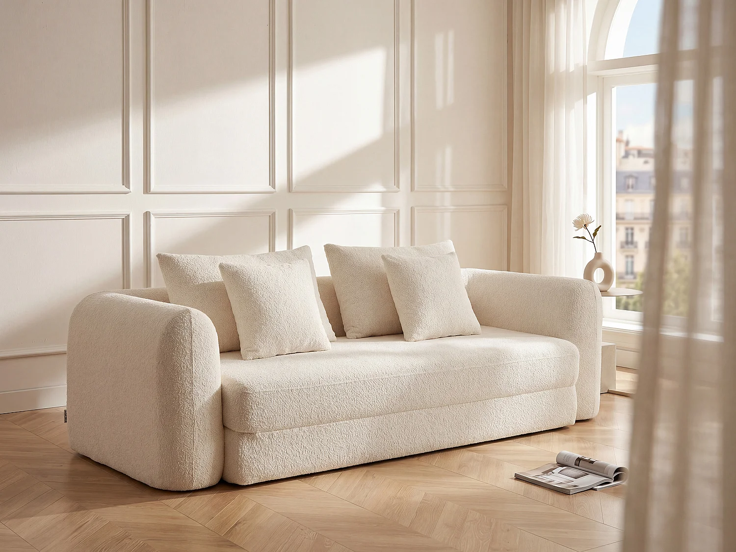 Canapé 3 places convertible en tissu bouclette beige CATONO