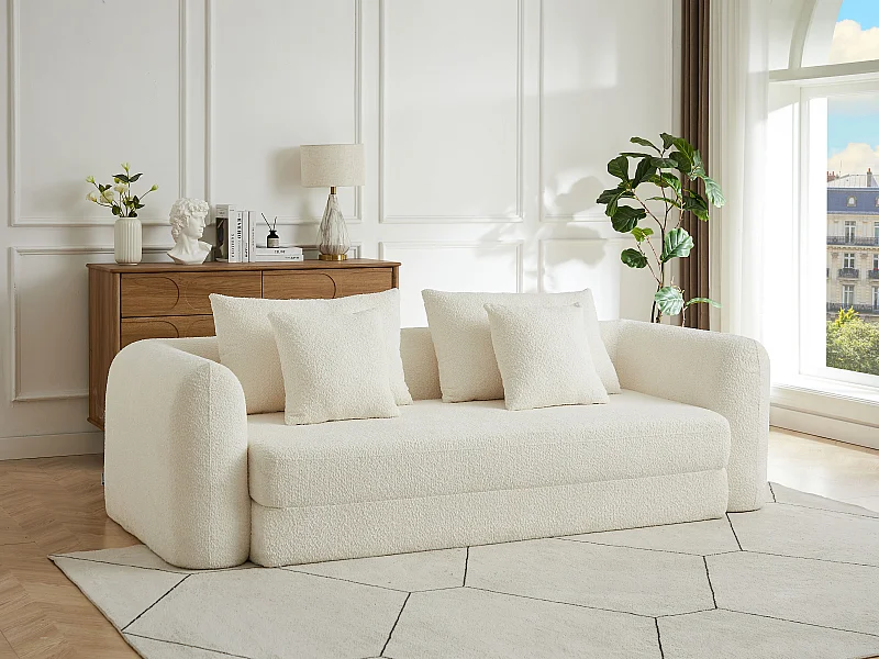 Canapé 3 places convertible chauffeuse en tissu bouclette beige CATONO